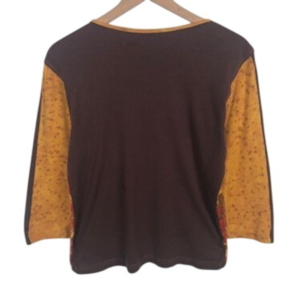 VTG JANE ASHLEY Art Nouveau Graphic Sequin Floral Cotton Top Sz L Brown Mustard - Picture 2 of 7